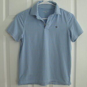 Vineyard Vines Boys Blue White Stripe Sankaty Short Sleeve Polo Sz M 12-14